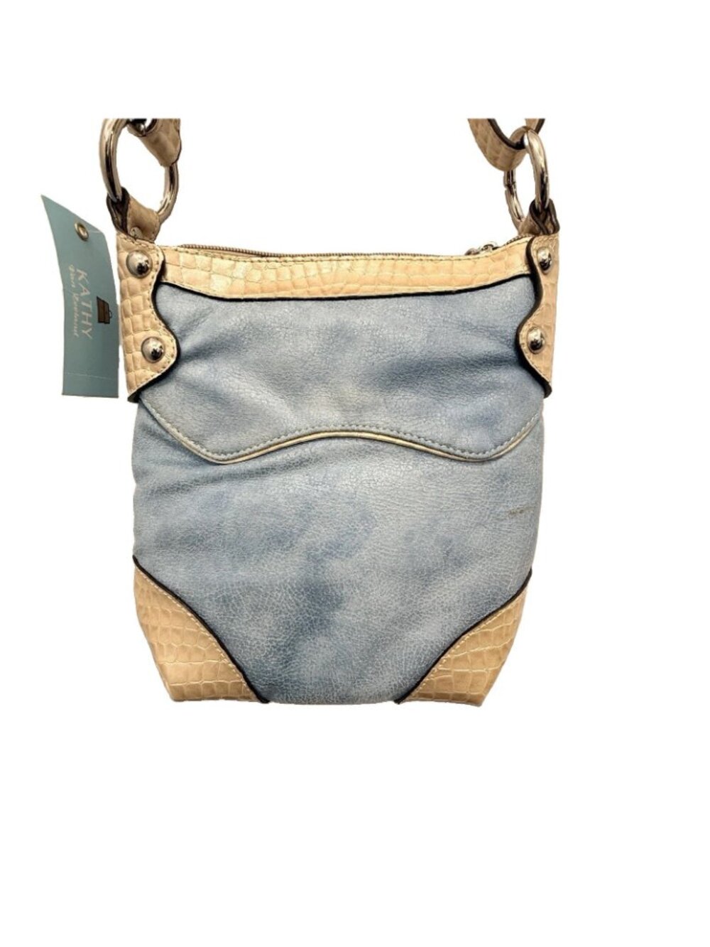 Kathy Van Zeeland Y2K Blue Denim Cream Croc Purse Handbag w Rhinestones & Studs - Picture 8 of 14